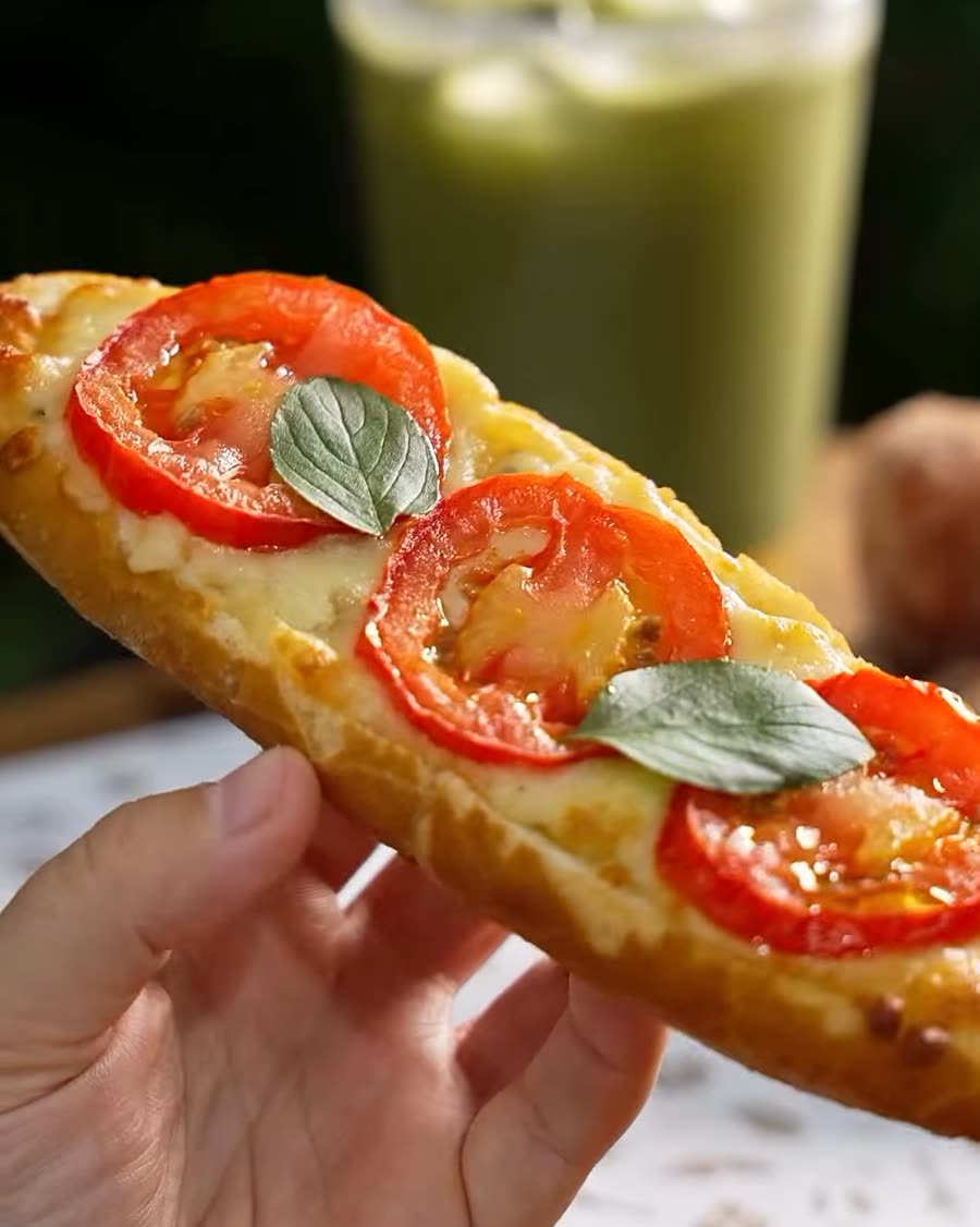 Bruschetta de tomate e manjericão na mão, com o copo de Maracutchá atrás