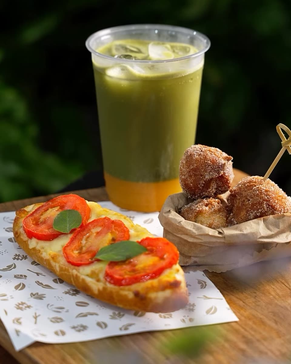 Copo de Maracutchá, bolinhos-de-chuva num saquinho de papel e bruschetta de tomate sobre uma tábua de madeira
